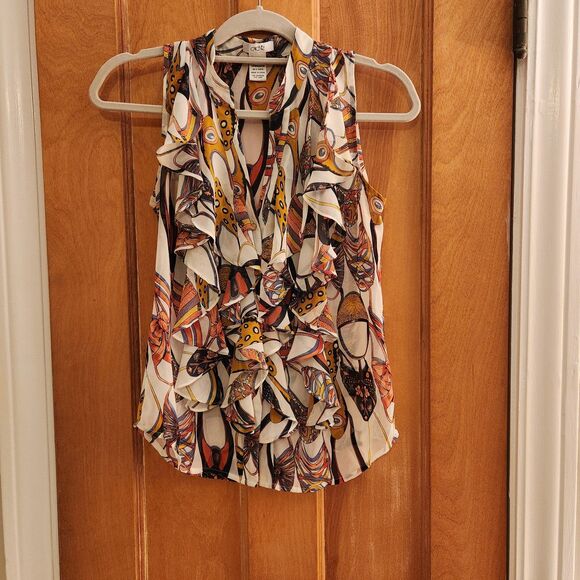 Y2K Cache Vibrant Elegant Shoe-Print Sleeveless Ruffled Button Up Blouse, Sz S - Picture 6 of 8